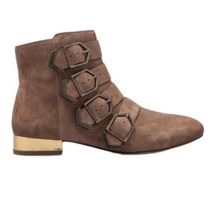 Sam Edelman Nolan tan moto style buckle ankle boots gold metal heel size 6 M